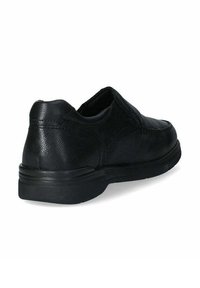 Scarpa in pelle nera con una texture liscia, tacco basso e design slip-on. Presenta cuciture minime e una punta arrotondata.