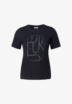 Zwart T-shirt met korte mouwen met een grafisch ontwerp in een ovale vorm, met blauwe en witte tekstaccenten, gemaakt van zachte stof.