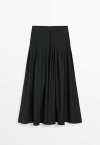 Jupe midi plissée noire avec taille haute et fermeture éclair au dos, présentée sur fond blanc.