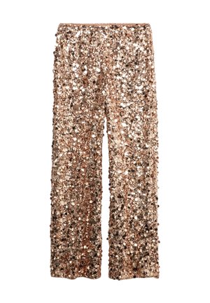 Pantaloni in paillettes con una vestibilità a gamba larga, caratterizzati da un colore oro rosa e paillettes circolari riflettenti su tutta la superficie del tessuto, creando una superficie texture.
