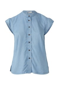 Helles blaues Jeanshemd mit kurzen Ärmeln, Rundkragen, vorderer Knopfleiste und leichten Seitenschlitzen am Saum. Weiches Material und lässiges Design.