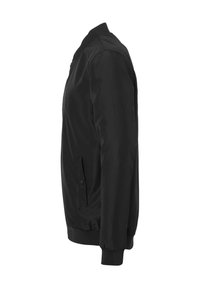 Veste bomber noire en tissu lisse, avec des poignets et un ourlet côtelés, un col montant et des poches latérales avec des fermetures à bouton.