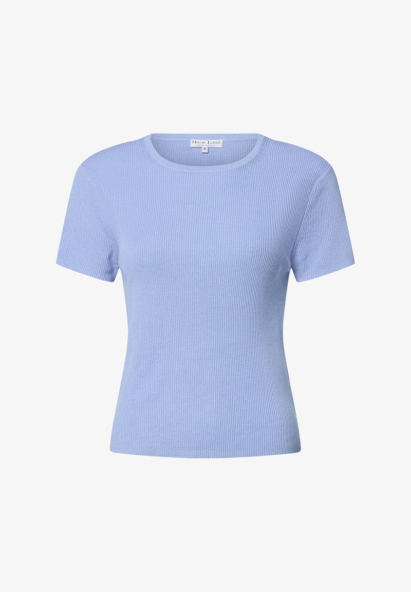 Light blue ribbed knit short-sleeve t-shirt with a round neckline and a fitted shape. Includes a label at the neckline.