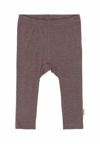 Leggings in cotone viola con design aderente, lunghezza fino a metà polpaccio, vita elasticizzata e una piccola etichetta del marchio sulla cucitura laterale.