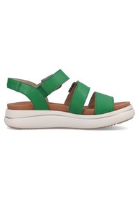 Sandales en cuir vert avec trois larges bandes et boucle réglable. Comprend une épaisse semelle blanche avec un fond texturé pour l'adhérence.