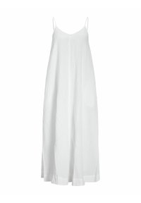 Vestido maxi blanco sin mangas hecho de una tela ligera, con una silueta relajada, textura sutil y aberturas laterales para facilitar el movimiento.