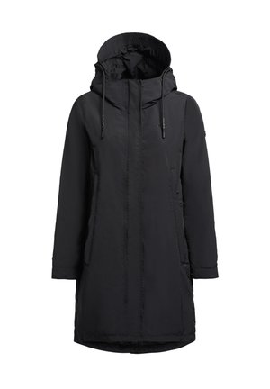 Juodas parkas su užtrauktuku priekyje, dideliu reguliuojamu gobtuvu ir šoninėmis kišenėmis. Ypatybės: lygi matinė tekstūra ir elegantiškas dizainas.