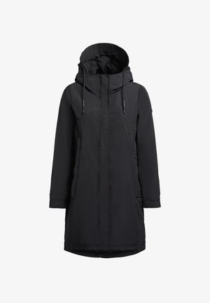 Crna parka s patentnim zatvaračem sprijeda, velikim prilagodljivim kapuljačem i bočnim džepovima. Ima glatku, mat teksturu i moderni dizajn.