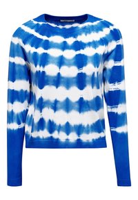 Sinivalkoinen tie-dye-neulepaita, jossa on pitkät hihat, resoroitu pääntie ja tekstuuri neulottu kuvio. Siinä on pyöreä kaulus ja istuvat hihansuut.