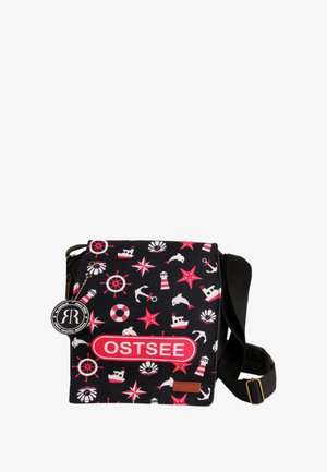 Black fabric messenger bag adorned with colorful marine-themed prints: lighthouses, dolphins, anchors, and stars. Features adjustable strap and logo tag.