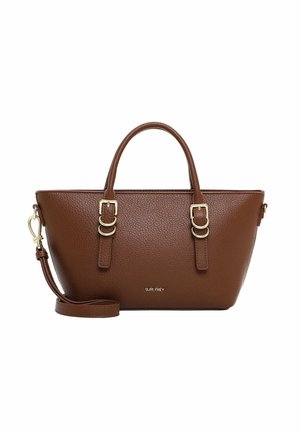 Braune strukturierte Lederhandtasche mit zwei Griffen, goldfarbenen Schnallen und abnehmbarem Schulterriemen. Kleines Markenlogo vorne in der Mitte.