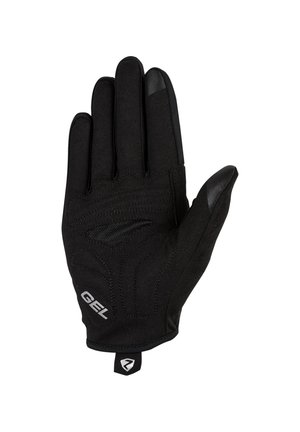 Black full-finger cycling glove with gel padding, breathable mesh, and touchscreen-compatible fingertips on a white background.