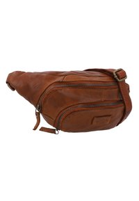 Borse in pelle marrone a vita con superficie texture, dotata di due tasche con zip, una tracolla regolabile e una piccola etichetta con logo.