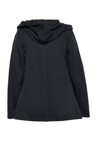 Giacca nera con cappuccio, maniche lunghe, tessuto texturizzato e orlo svasato. Presenta un cappuccio profondo e cuciture che creano una silhouette strutturata.