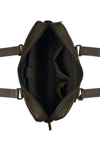 Borsa a spalla in pelle verde oliva con superficie strutturata, chiusura con zip e interno nero. Presenta scomparti per l'organizzazione e spallacci regolabili.