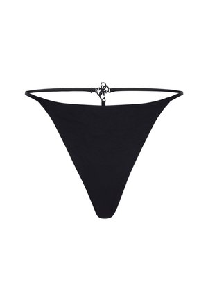 Zwarte stringbikini met smalle zijkanten. Beschikt over een decoratieve metalen accent aan de achterkant. Gladde, matte textuur.