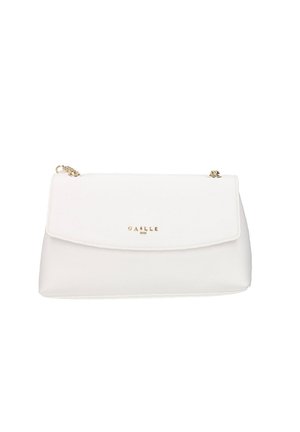 Borsa a spalla rettangolare bianca con tracolla a catena dorata e logo "GAELLE" dorato sulla patta frontale.