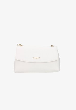 Borsa a spalla rettangolare bianca con tracolla a catena dorata e logo "GAELLE" dorato sulla patta frontale.