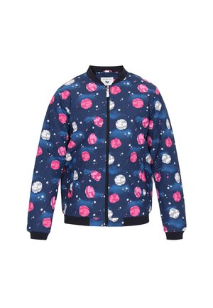 Veste bomber marine avec une impression graphique de planètes roses, grises et blanches. Dispose d'une fermeture éclair à l'avant, d'une coupe décontractée et de poignets en côtes.