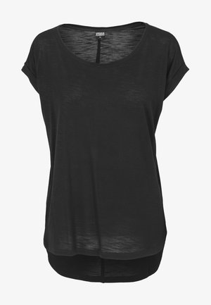 Zwart, top met korte mouwen en een ronde hals, gemaakt van lichtgewicht stof. Heeft een iets langere achterzoom en een relaxte pasvorm.