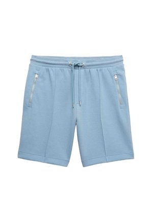 Lichtblauwe korte broek van zachte stof, voorzien van een taille met trekkoord en twee zijzakken met rits, met gestikte details op de pijpen.