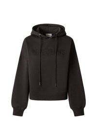 Felpa corta nera in tessuto morbido, con cappuccio con coulisse, polsini elasticizzati e logo testurizzato "Pepe Jeans" sul davanti.