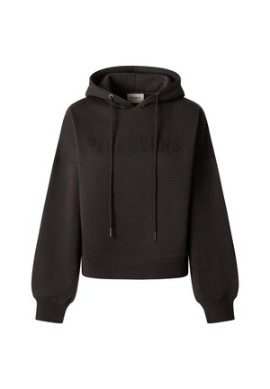 Sudadera negra corta hecha de tela suave, con capucha ajustable mediante cordón, puños elásticos y un logotipo texturizado de "Pepe Jeans" en el frente.