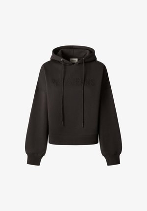 Zwarte cropped hoodie gemaakt van zacht stof, voorzien van een capuchon met trekkoord, elastische boorden en een textuur "Pepe Jeans" logo aan de voorkant.