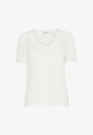 Bílý krátký rukáv tričko vyrobené z měkké tkaniny, s kulatým výstřihem ozdobeným pom-pom střih a mírně nabíranými rukávy.