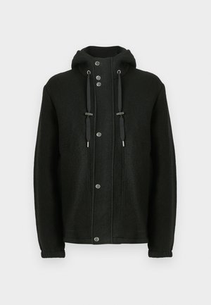 Schwarze Wolljacke mit Kapuze, ausgestattet mit einem Frontreißverschluss und Druckknopfverschluss, verstellbaren Kordelzügen und Seitentaschen. Strukturierte Stoffoberfläche.