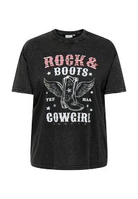Czarny wyblakły T-shirt z napisem "Rock & Boots Cowgirl", grafiką skrzydlatych kowbojskich butów oraz gwiazdkami w białych i czerwonych akcentach.