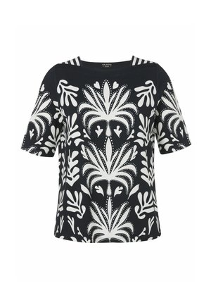 Schwarzes kurzärmeliges Top mit auffälligen weißen abstrakten Blumen- und Blattmustern, Rundhalsausschnitt mit zwei weißen Streifen auf der Rückseite.