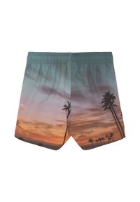 Badbyxor tillverkade av lättviktig tyg, med ett mönster av solnedgång och palmer i nyanser av orange, rosa och teal, samt ett elastiskt midjeband.