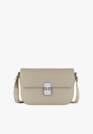 Borsa a tracolla beige in pelle liscia, con pattina pieghevole e chiusura in metallo argentato. Include una tracolla regolabile.