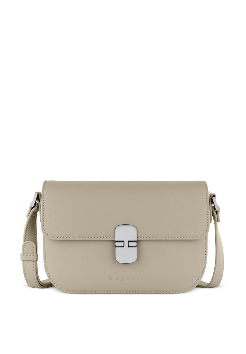 Borsa a tracolla beige in pelle liscia, con pattina pieghevole e chiusura in metallo argentato. Include una tracolla regolabile.