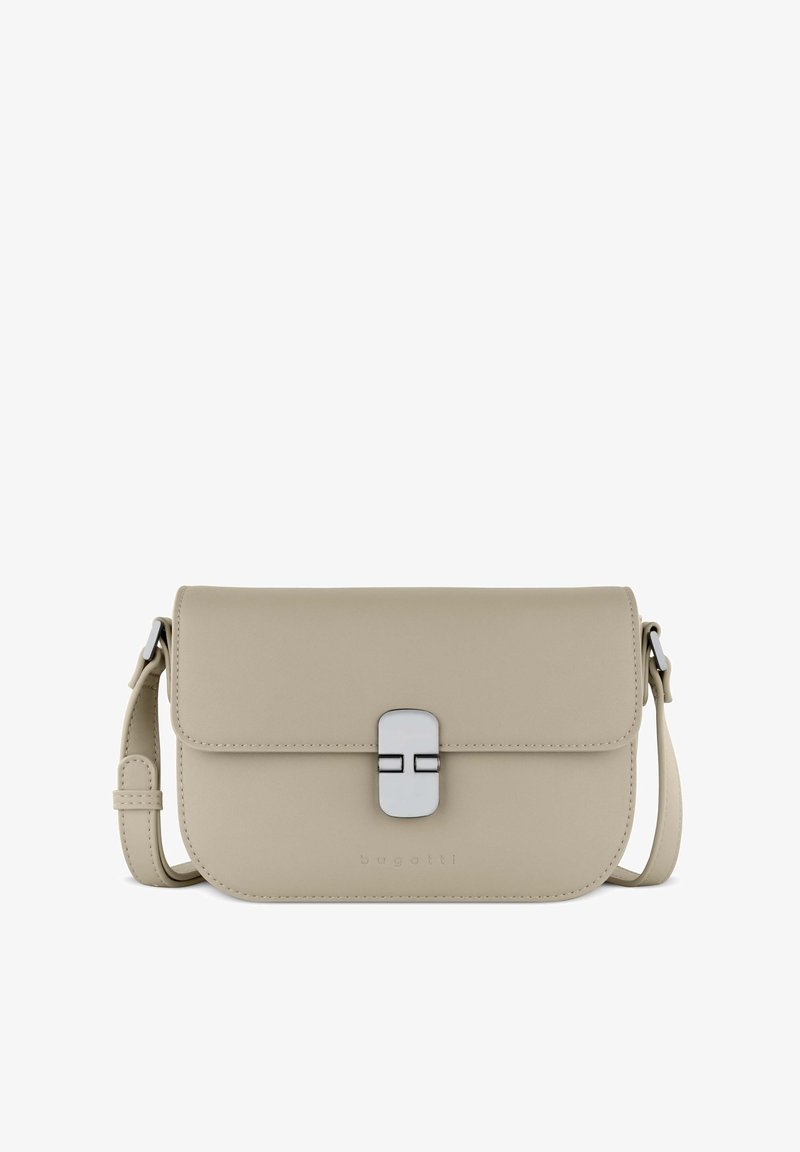 Borsa a tracolla beige in pelle liscia, con pattina pieghevole e chiusura in metallo argentato. Include una tracolla regolabile.