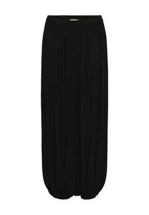 Fekete, széles szárú nadrág, gumis derékrésszel és a bokánál összehúzott passzékkal, könnyű, lebegő anyagból készült.