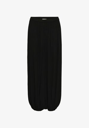 Fekete, széles szárú nadrág, gumis derékrésszel és a bokánál összehúzott passzékkal, könnyű, lebegő anyagból készült.