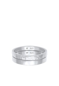 Sterling Silber Ring-Set; ein polierter Ring, ein strukturierter mit matter Oberfläche, beide mit "925" zur Kennzeichnung der Silberqualität graviert.