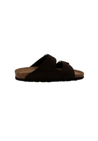Brown suede slide sandals with a cork footbed, open-toe design, and an adjustable buckle strap for a secure fit. Black rubber outsole.
