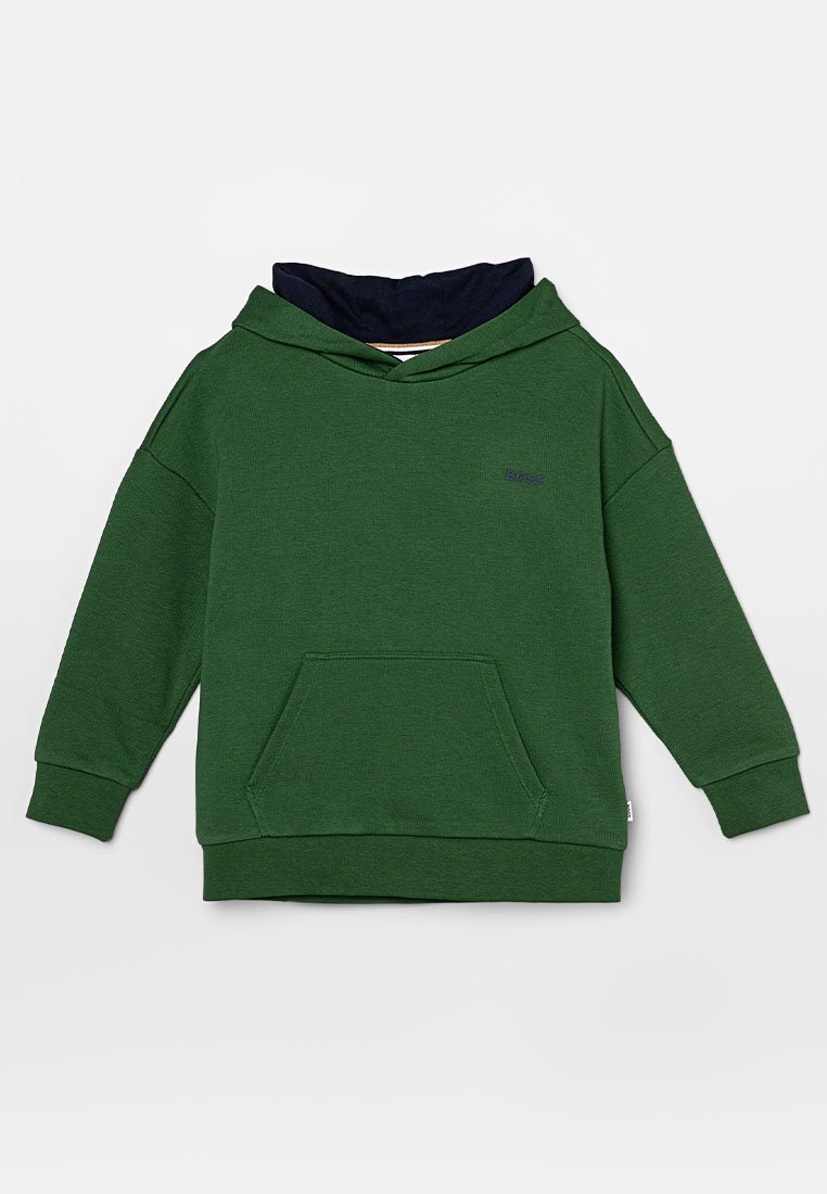 Felpa verde a maniche lunghe con cappuccio, dotata di tasca a marsupio frontale e piccolo logo "BOSS" blu scuro sul petto.