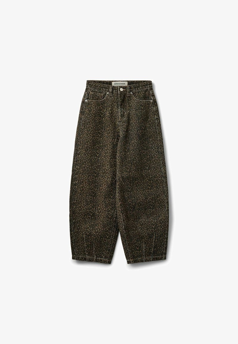 Pantalon marron foncé taille haute avec un imprimé léopard subtil, poches avant, bouton, fermeture éclair et jambes fuselées avec ourlets cousus.