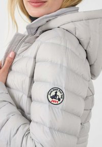 Vrouw met een lichtgrijze gewatteerde jas met capuchon, die de kraag vasthoudt. De jas heeft een cirkelvormige patch op de mouw met een ontwerp van een scooter en tekst.