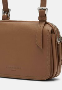 Borsa a tracolla in pelle marrone con finiture in argento, chiusura a zip e cuciture dettagliate. Presenta una forma piatta e una tracolla regolabile.