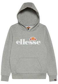 Felpa grigia con cappuccio regolabile e tasca a marsupio frontale. Presenta un logo "ellesse" bianco e un arco arancione sopra il testo.