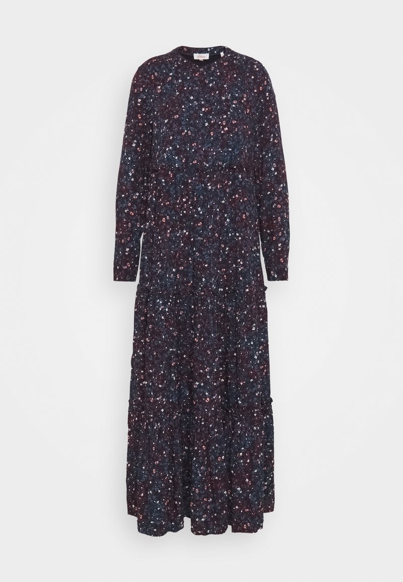 Robe noire à manches longues avec un petit imprimé floral rose et blanc, encolure ronde et jupe à volants allant jusqu'au milieu du mollet.