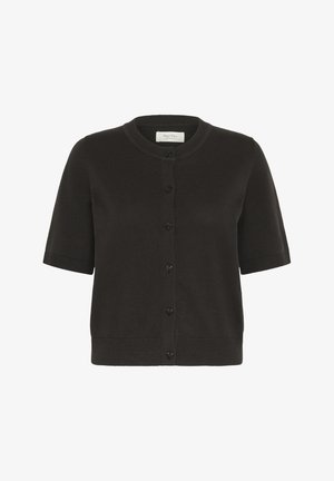 Juodos spalvos trumpų rankovių kardiganas su apvalia kaklo iškirpte, mygtukų uždarymu priekyje, raukšlėtais rankogaliais ir apatine dalimi, pagamintas iš lygios, virpintos medžiagos.