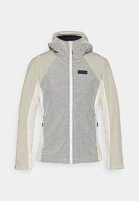 Veste légère grise et blanche avec fermeture éclair et capuche. Le corps présente un motif rayé, tandis que les manches sont de couleur unie.