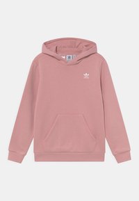 Sudadera con capucha rosa, con bolsillo frontal, puños y dobladillo acanalados, que presenta un logotipo blanco de Adidas en el pecho. Textura de tela suave.