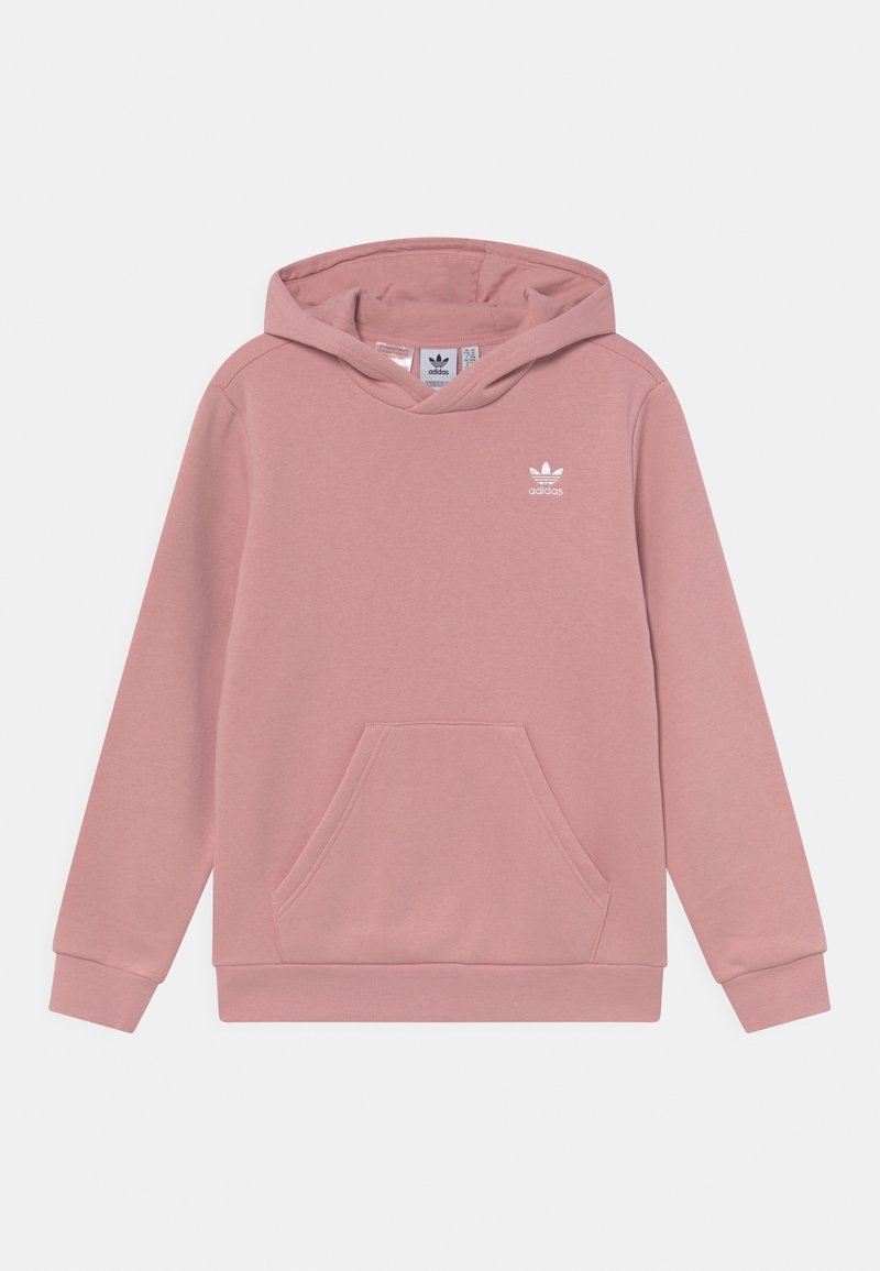 Sudadera con capucha rosa, con bolsillo frontal, puños y dobladillo acanalados, que presenta un logotipo blanco de Adidas en el pecho. Textura de tela suave.